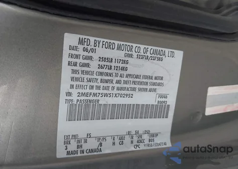 2001 Mercury Grand Marquis Ls из США, поврежденный, VIN 2MEFM75W51X702952